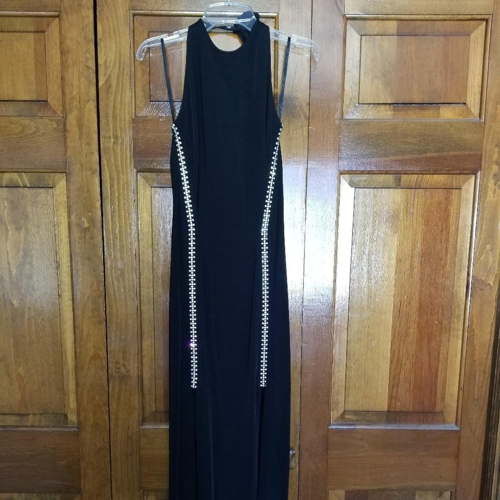 Black Gown With Rhinestone Trim & High Slits